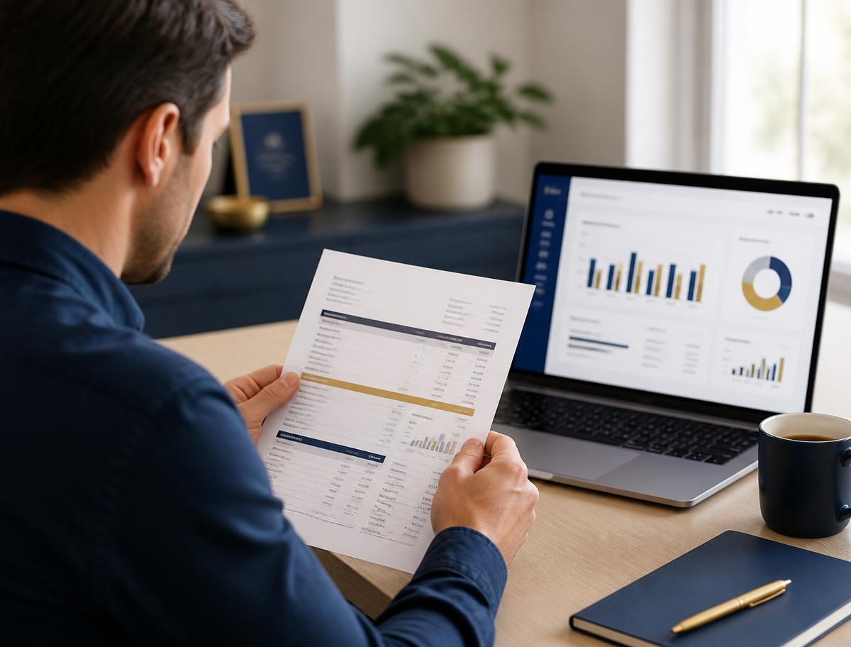 Business owner reviewing a merchant processing statement beside a cost-analysis dashboard
